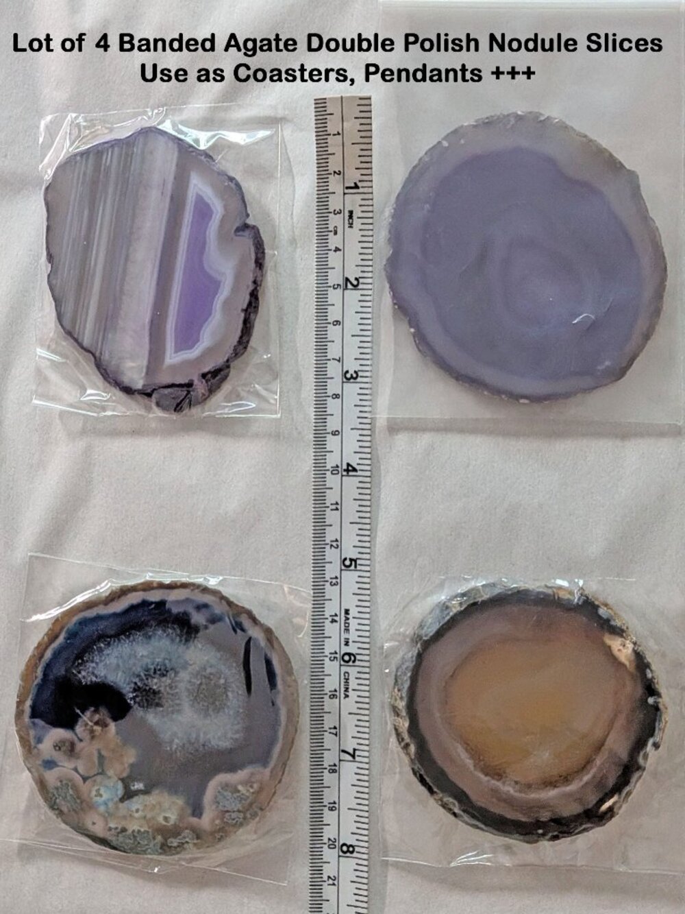 Lot of 4 Banded Agate Double Polish Nodule Slices, Use as Coasters, Pendants +++